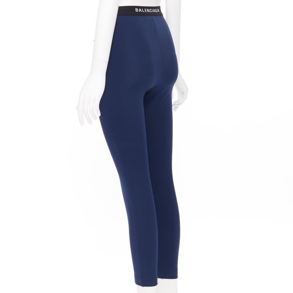 BALENCIAGA Demna Dark Blue Front Seam Logo Band Dual Zip Legging Pant 34 - Picture 5 of 15